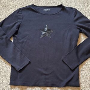 Charter Club Black Long Sleeve Tee with Sequin Star Design